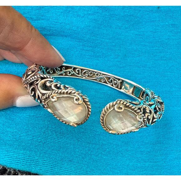Carolyn Pollack SS Cuff | MOP Quartz Doublet Ends | Scroll Design Hinged Bangle - Picture 1 of 7